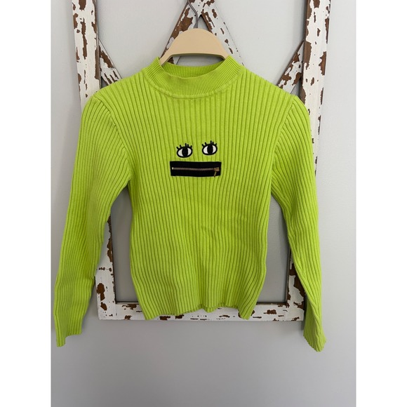 Lazy Oaf Sweaters - Lazy Oaf Zippy Mouth Ribbed Sweater Lime Green Size Small